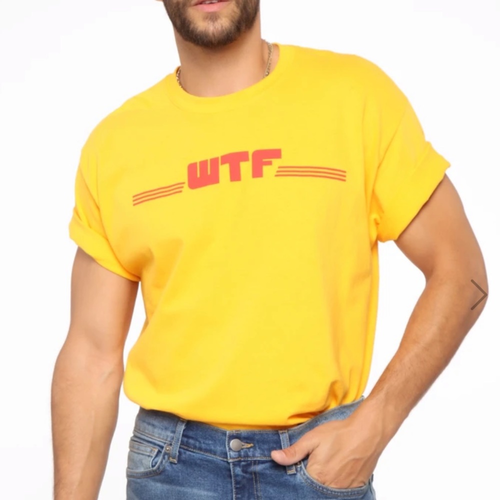 mustard color “wtf” tee shirt!! 💛